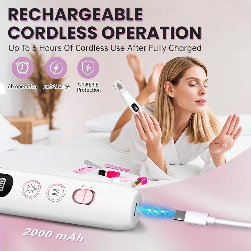 VFD Electric Nail Drill, Cordless 2000 mAh Rechargeable Portable Nail File 12 in 1 Kit for Thick Toenails, 10 Speeds Nail Dril Machine Professional Manicure Pedicure for Hand Natural Nails Care (White) - Image 3